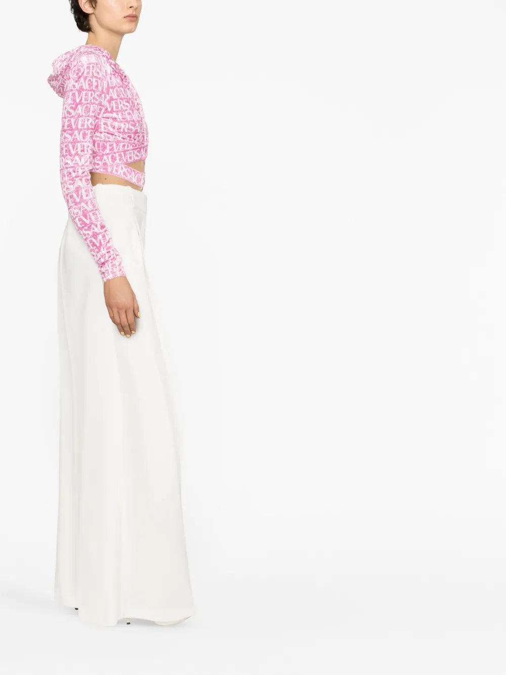 Versace Allover Velvet Crop Hoodie, Female, Pink+print, 48 In Pink