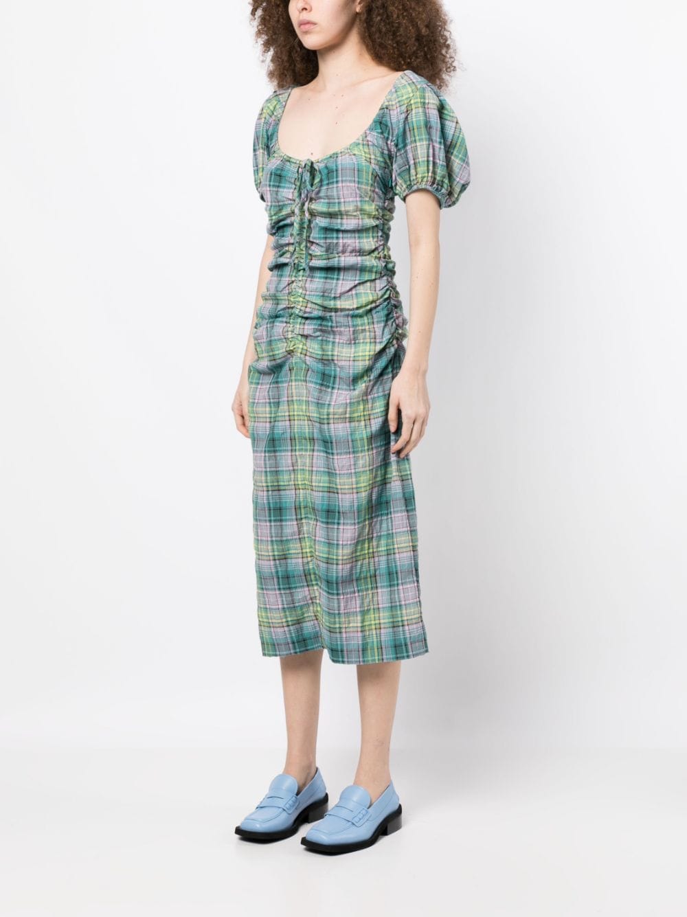 Shop Ganni Checked Seersucker Midi Dress In Green