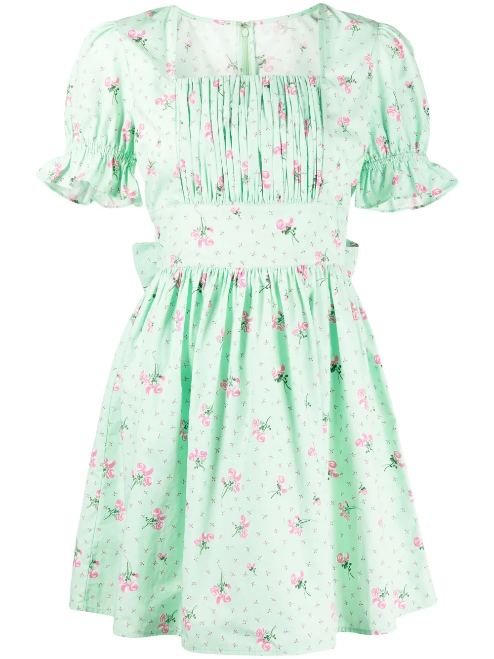 Batsheva Popham Pintucked Floral-print Cotton-poplin Mini Dress In Blue