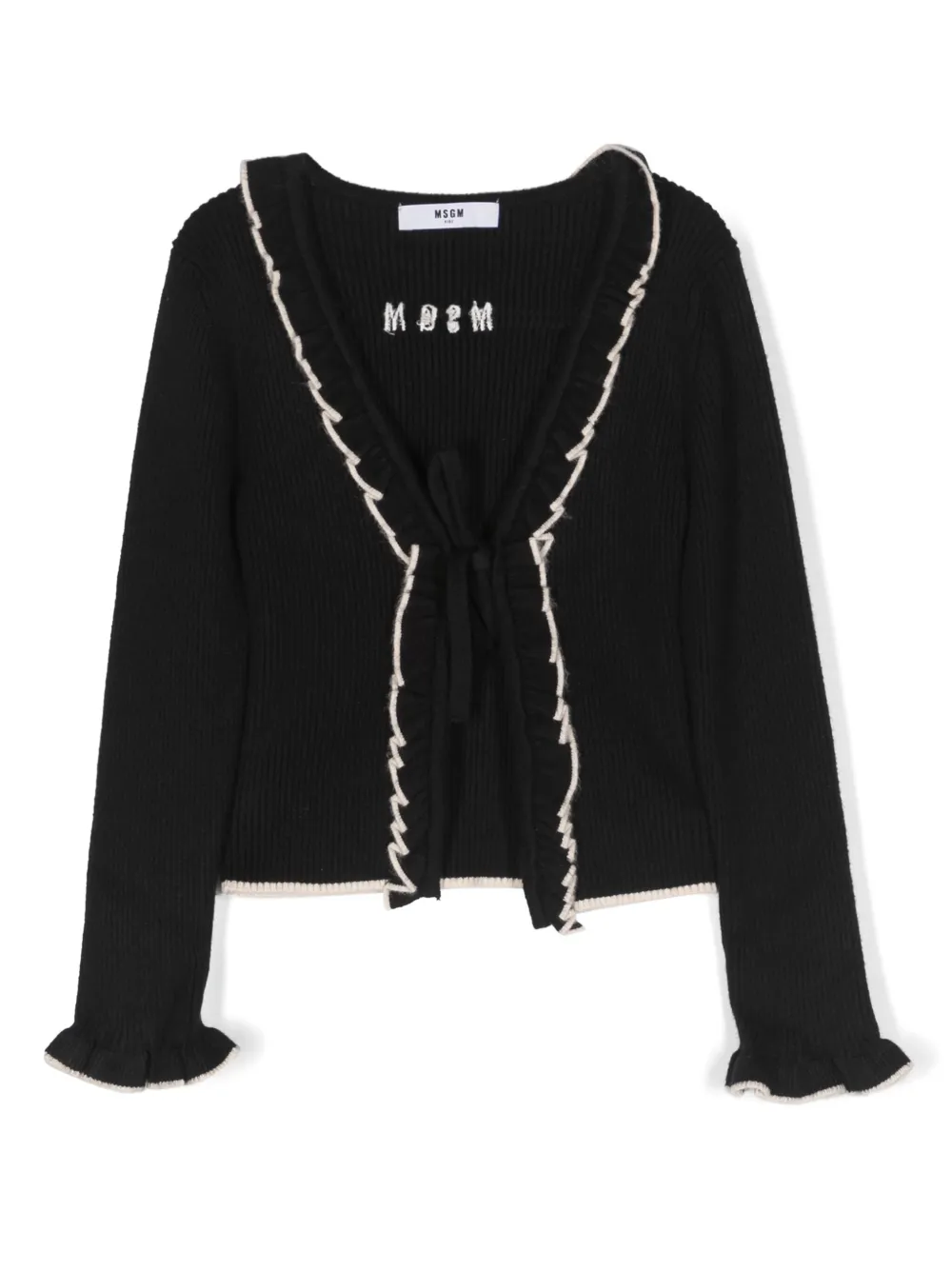 Msgm Kids' Logo-embroidered Ribbed-knit Cardigan In Black