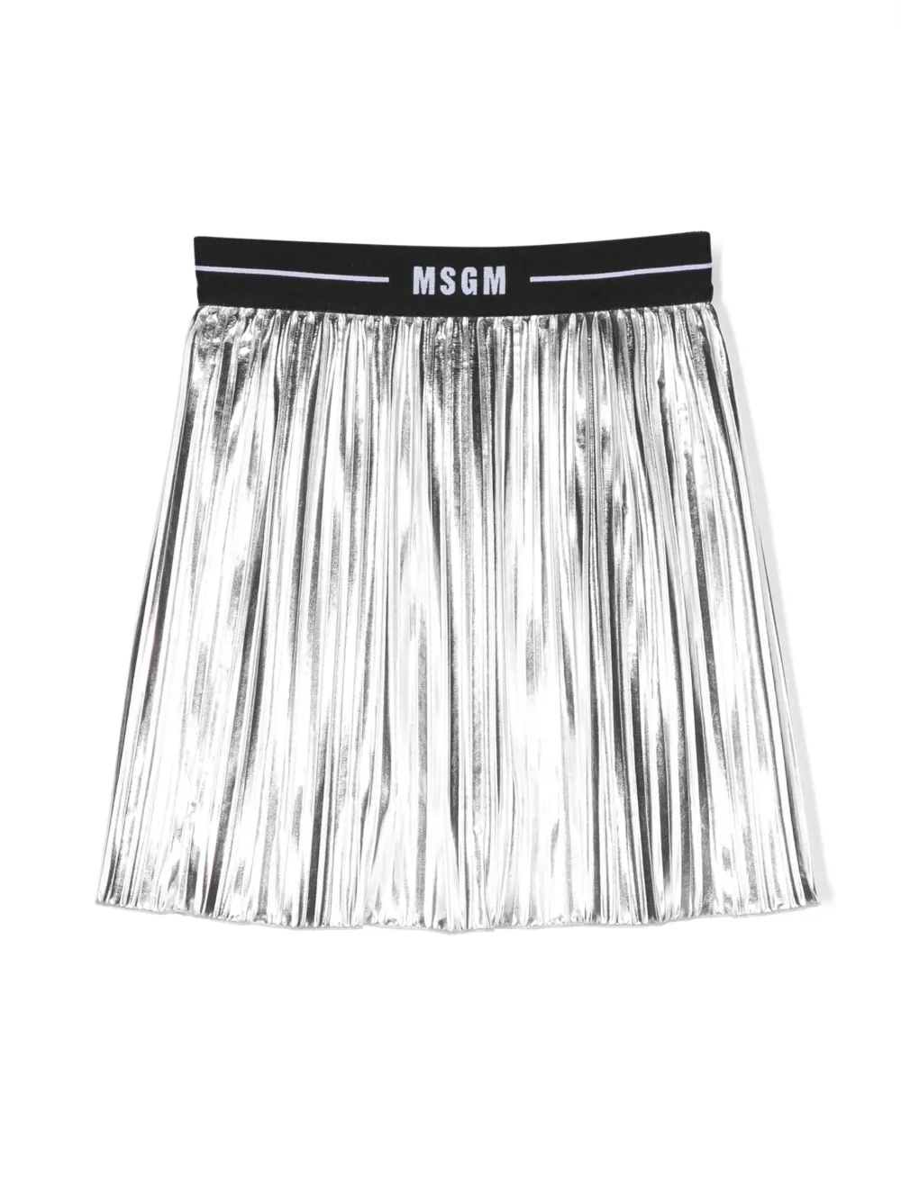 Msgm Kids' Logo腰身金属感褶饰半身裙 In Silver