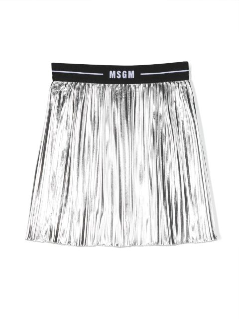 MSGM Kids logo-waistband metallic-finish pleated skirt