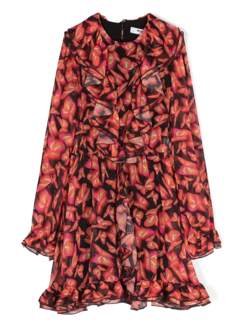 MSGM Kids butterfly-print ruffled organza dress