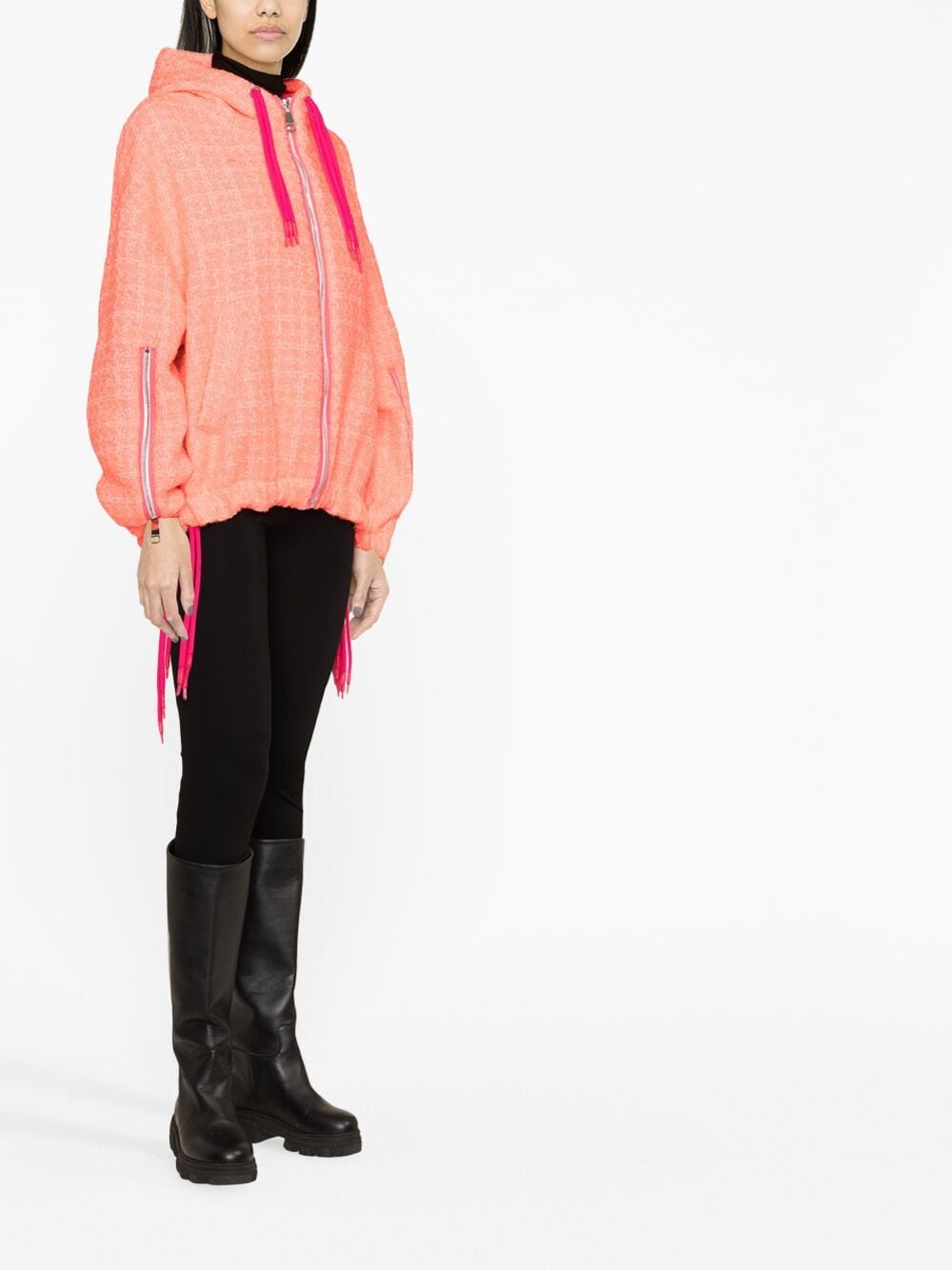 Shop Khrisjoy Tweed Drawstring Hood Jacket In 粉色