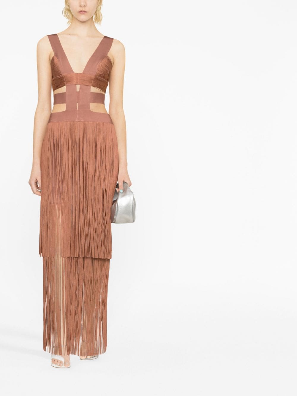 Shop Herve Leger Fringe-detailing Sleeveless Dress In Brown