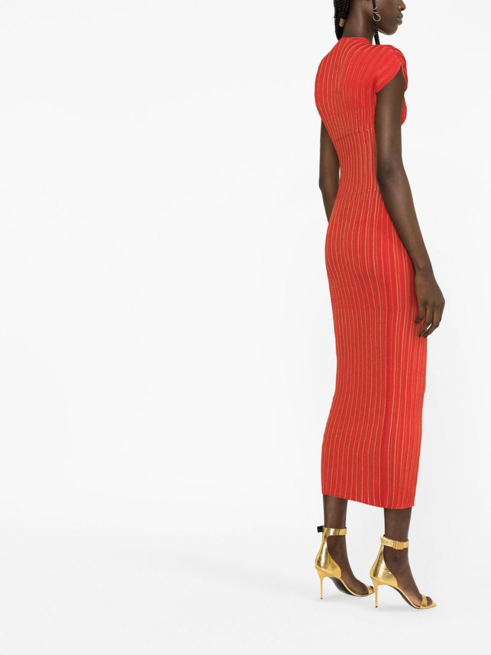 Shop Balmain Striped Knitted Maxi Dress In Red