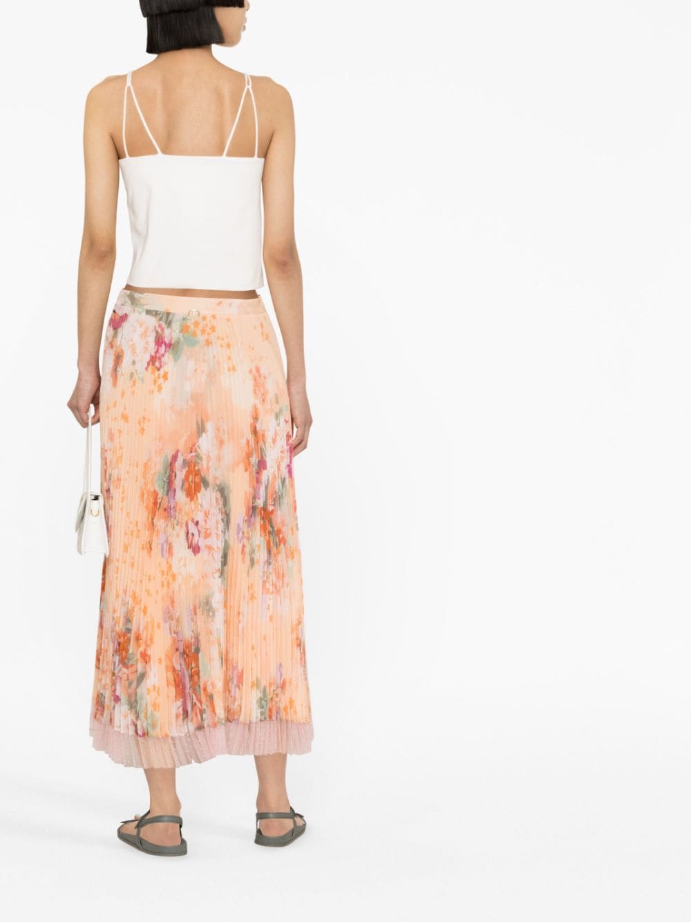 Shop Twinset Floral-print Pleated Midi Skirt In Orange