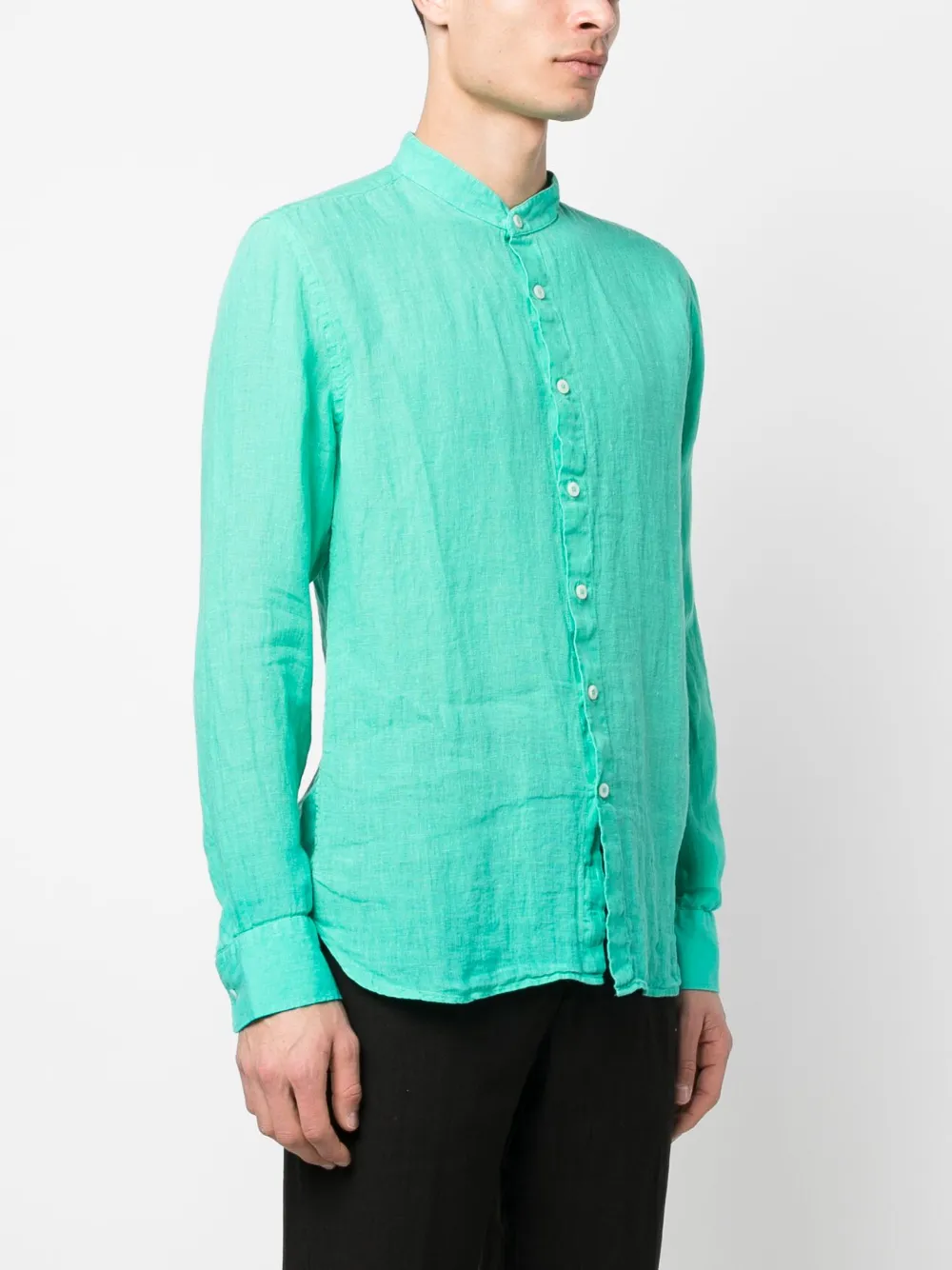 120% Lino Mandarin-collar Long-sleeve Linen Shirt In Grün