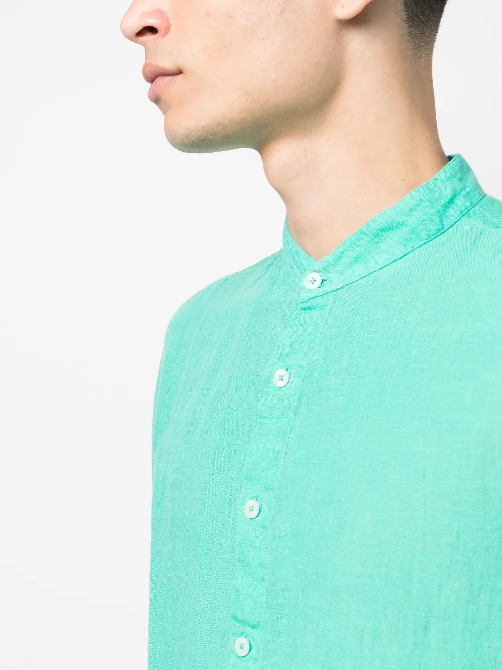 120% Lino Mandarin-collar Long-sleeve Linen Shirt In Grün