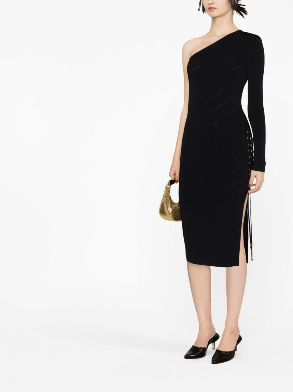 Shop Elisabetta Franchi One-shoulder Lace-up Dress In Black