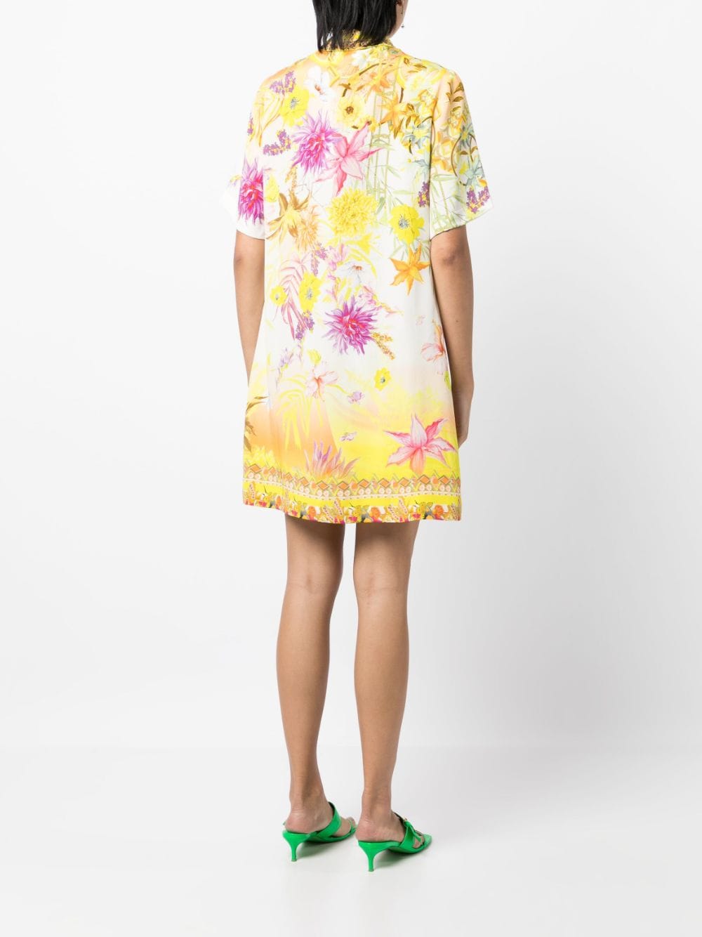 Shop Camilla Floral-print Short-sleeved Silk Dress In Yellow