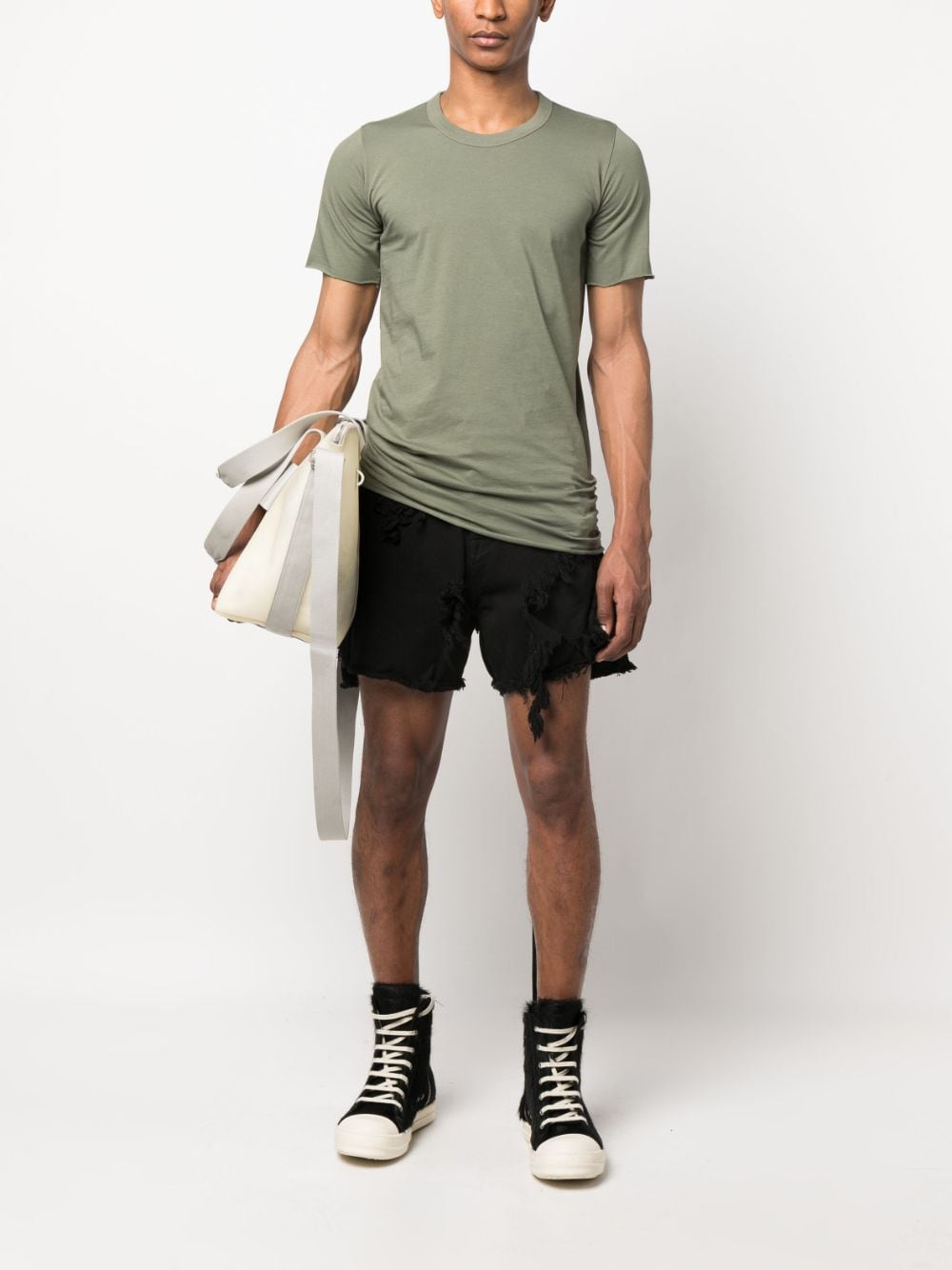Shop Rick Owens Frayed Distressed Denim Shorts In Black