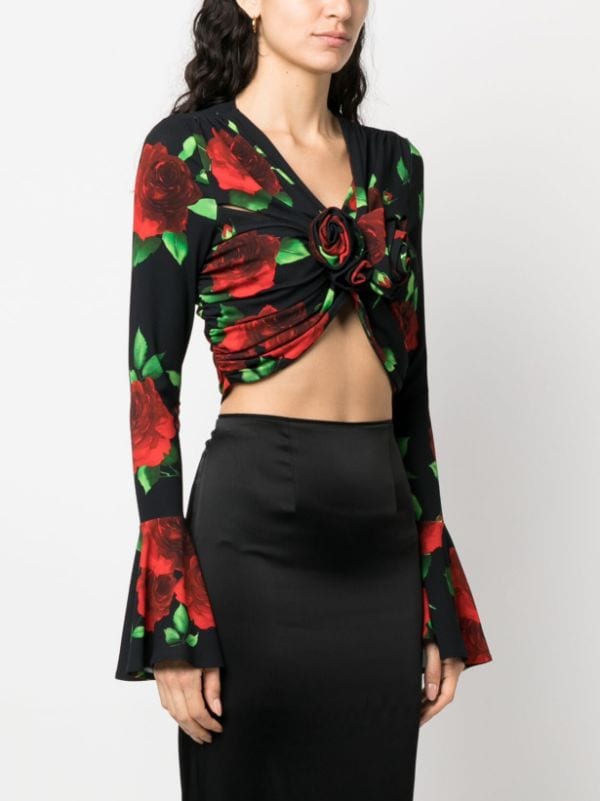 Black and Red Floral Print Crop Top