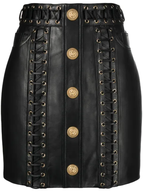 Balmain eyelet-embellished buttoned leather miniskirt