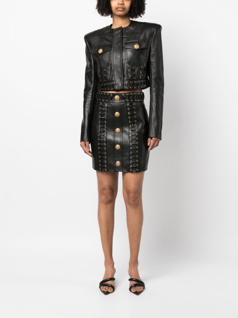 Shop Balmain Eyelet-embellished Buttoned Leather Miniskirt In Black