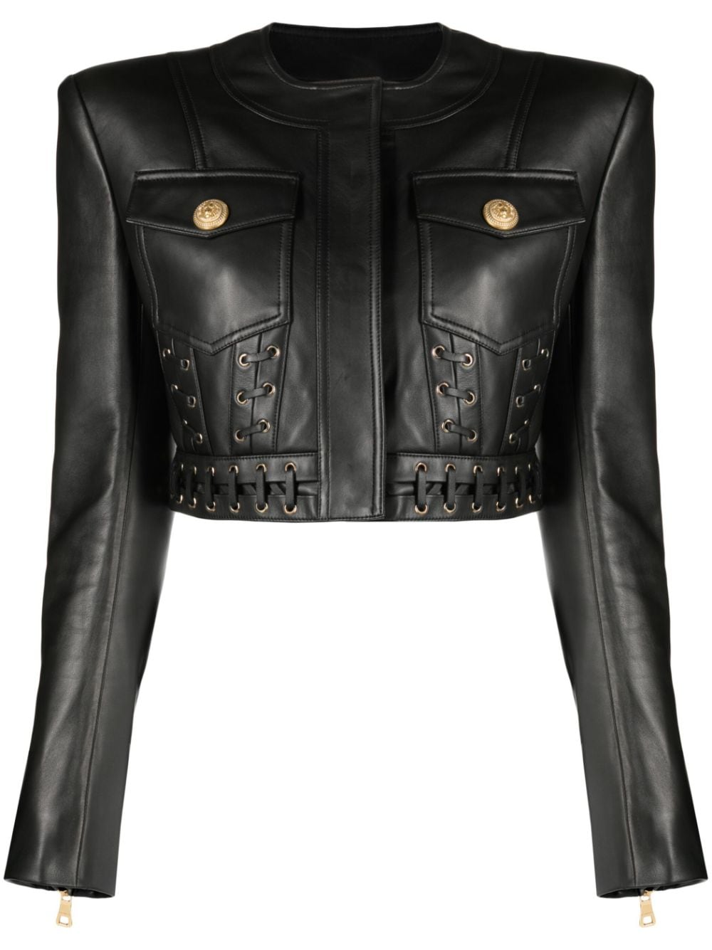 Shop Balmain Eyelet-embellished Cropped Leather Jacket In Black