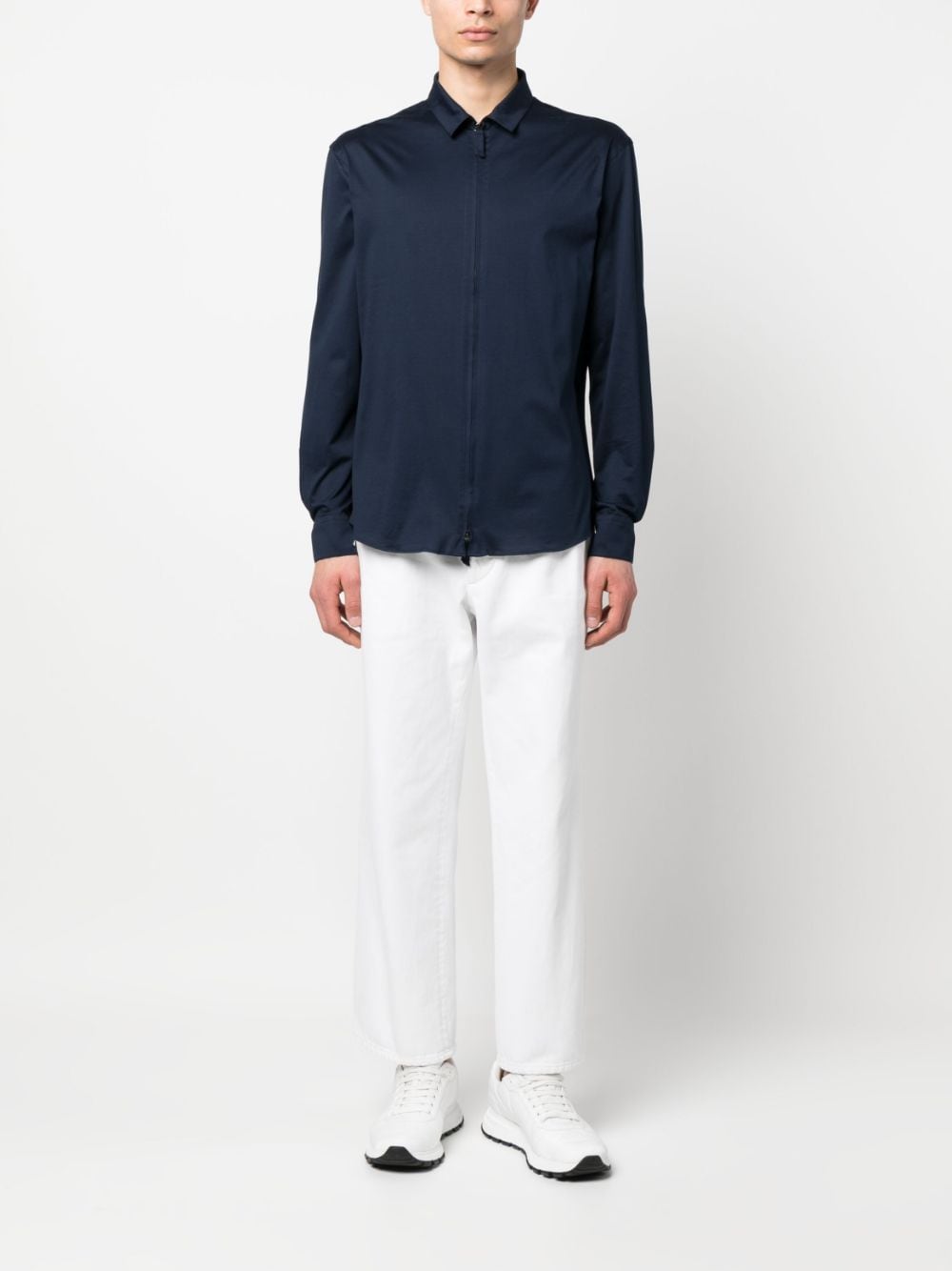 Shop Giorgio Armani Zipped Cotton Shirt In Blau