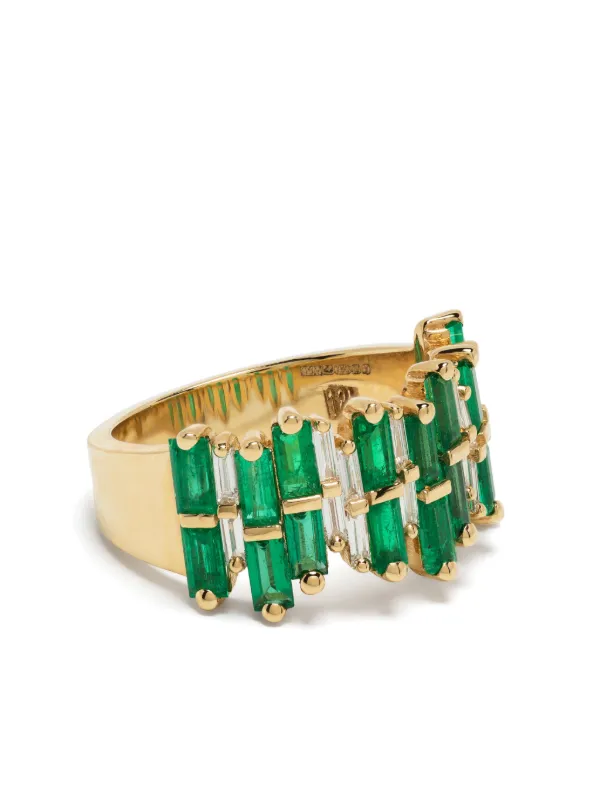 Suzanne Kalan 18kt Yellow Gold Diamond and Emerald Half-band Ring in Green