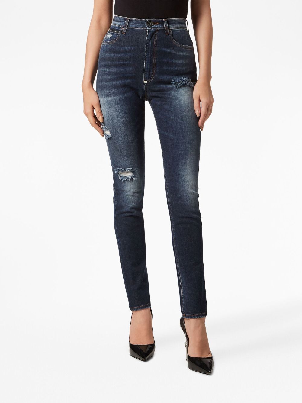 Shop Philipp Plein Distressed-effect High-waisted Jeggins In Blue
