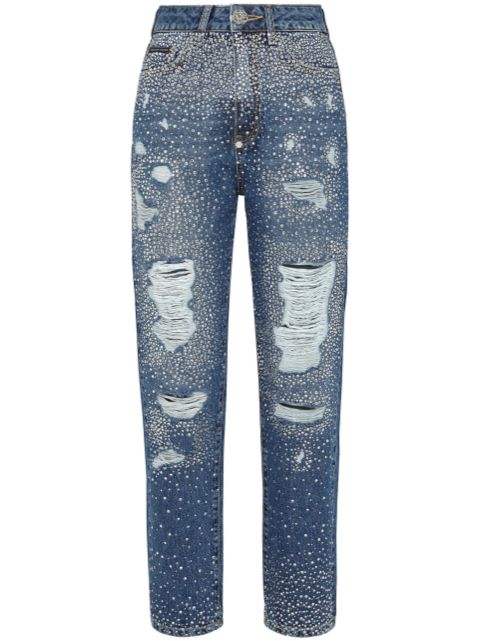 Philipp Plein crystal-embellished distressed-denim trousers Women