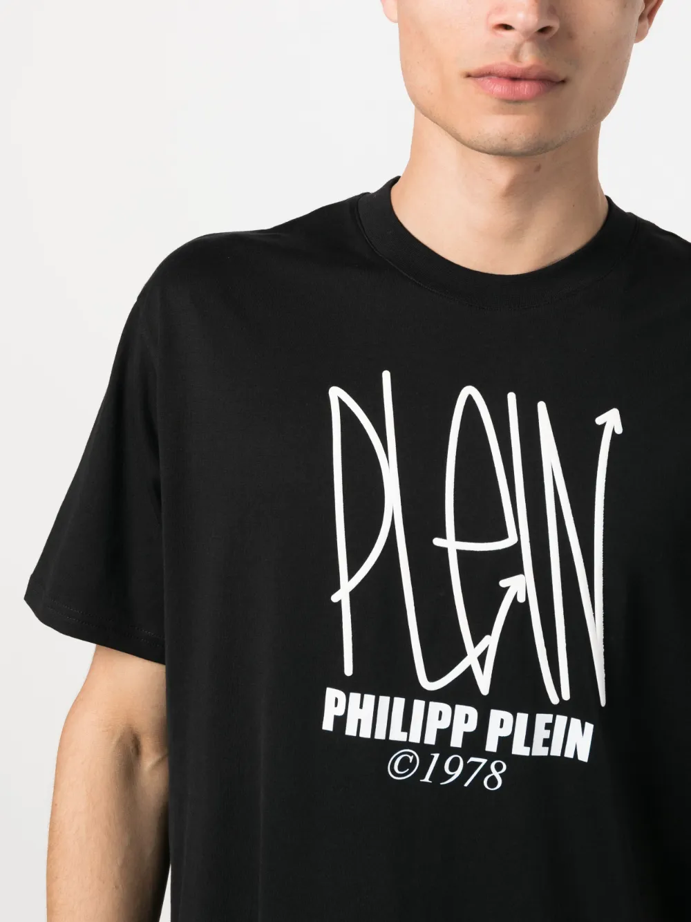 Philipp Plein Men’s Black Short Sleeve T-Shirt – Logo Print Crewneck – 95% Cotton 5% Spandex