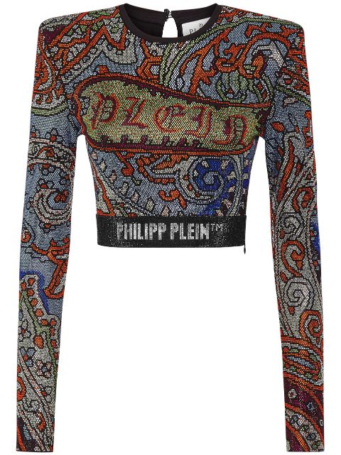 Philipp Plein paisley rhinestone-embellished crop top Women