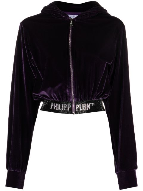 Philipp Plein logo-embellishment velour hoodie Women