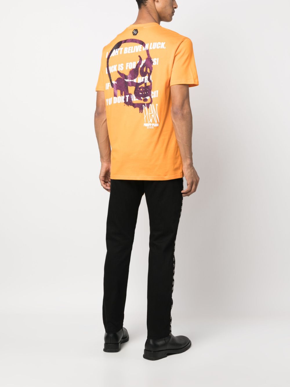Shop Philipp Plein Metallic Skull-print T-shirt In Orange