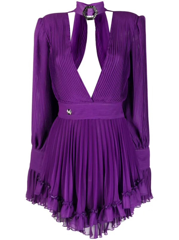 Philipp Plein Plunging V neck Pleated Dress Purple FARFETCH CA