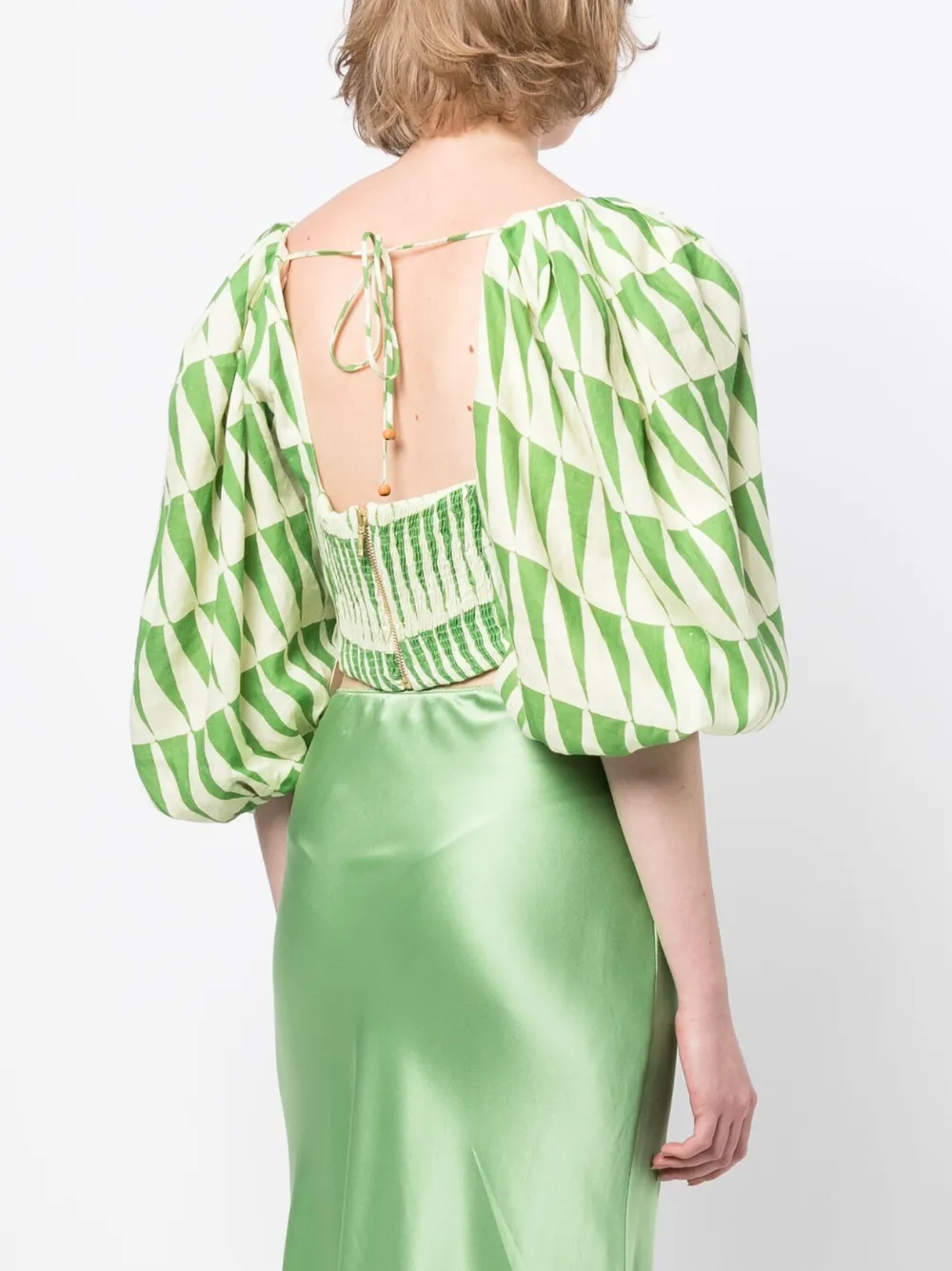 Cala De La Cruz Sami Geometric-print Linen Top In Green
