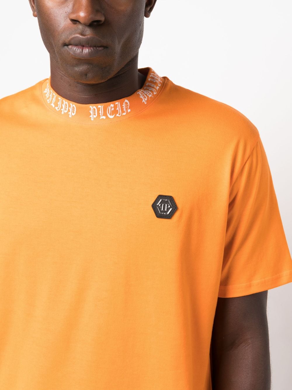 Shop Philipp Plein Ss Gothic Plein Logo-patch T-shirt In Orange