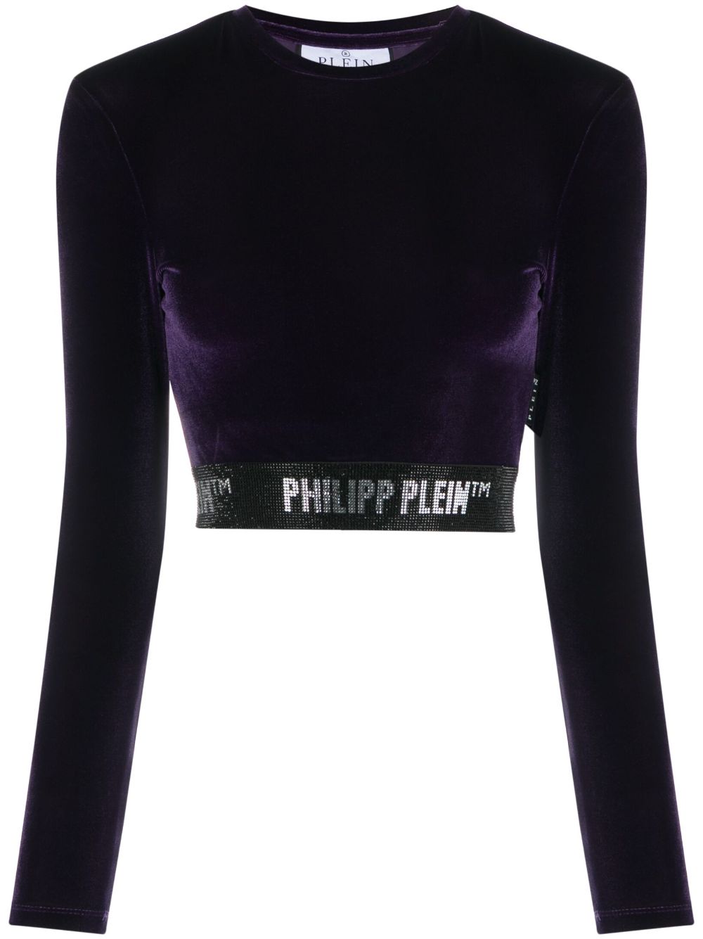 Shop Philipp Plein Embellished Velvet Crop Top In Purple
