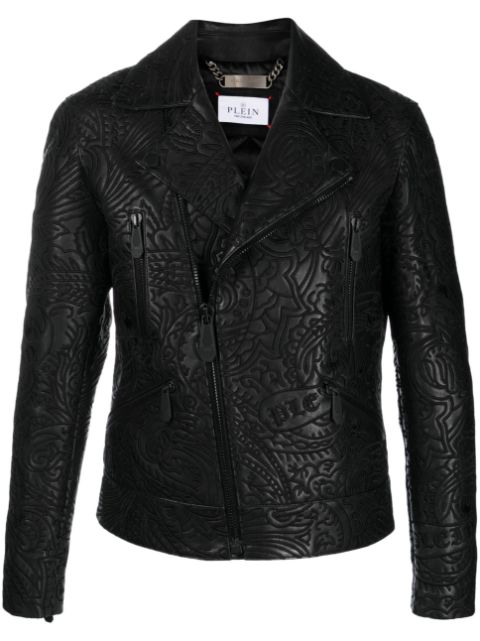 Philipp Plein paisley-print leather biker jacket Men