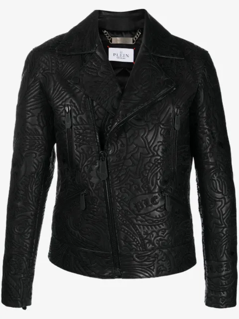 Philipp Plein paisley-print leather biker jacket