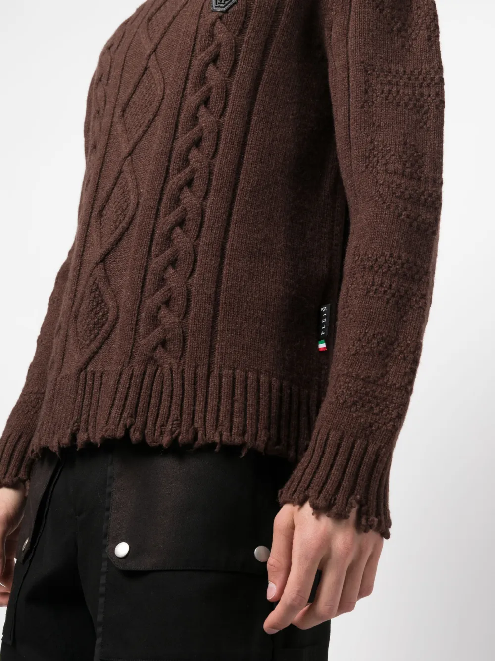 Philipp Plein Distressed Cable-knit Jumper In Brown