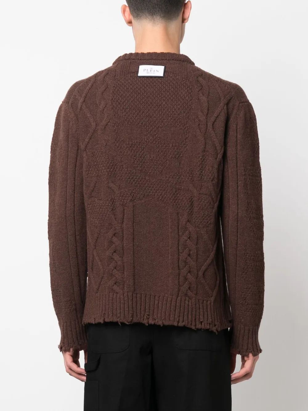 Philipp Plein Distressed Cable-knit Jumper In Brown