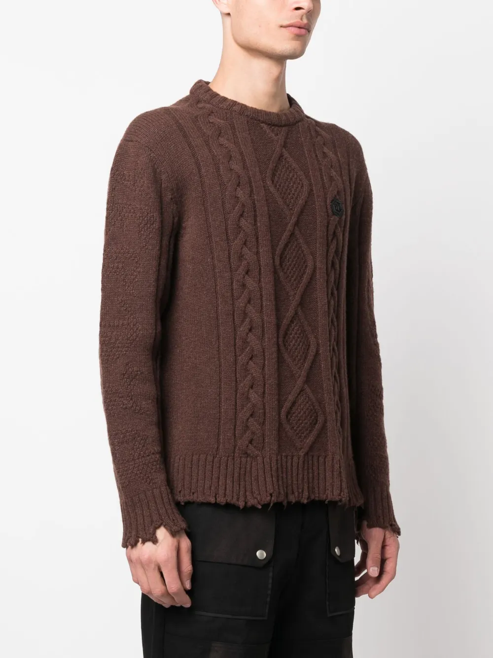 Philipp Plein Distressed Cable-knit Jumper In Brown