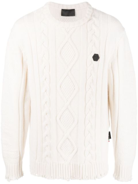 Philipp Plein cable-knit distressed-finish jumper Men