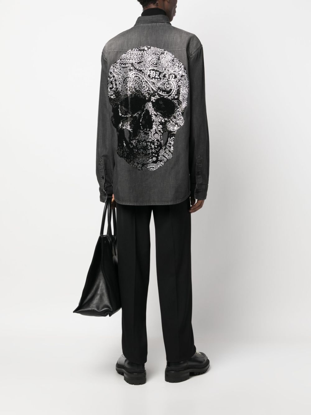 Shop Philipp Plein Rhinestone Skull-print Denim Shirt In Grey
