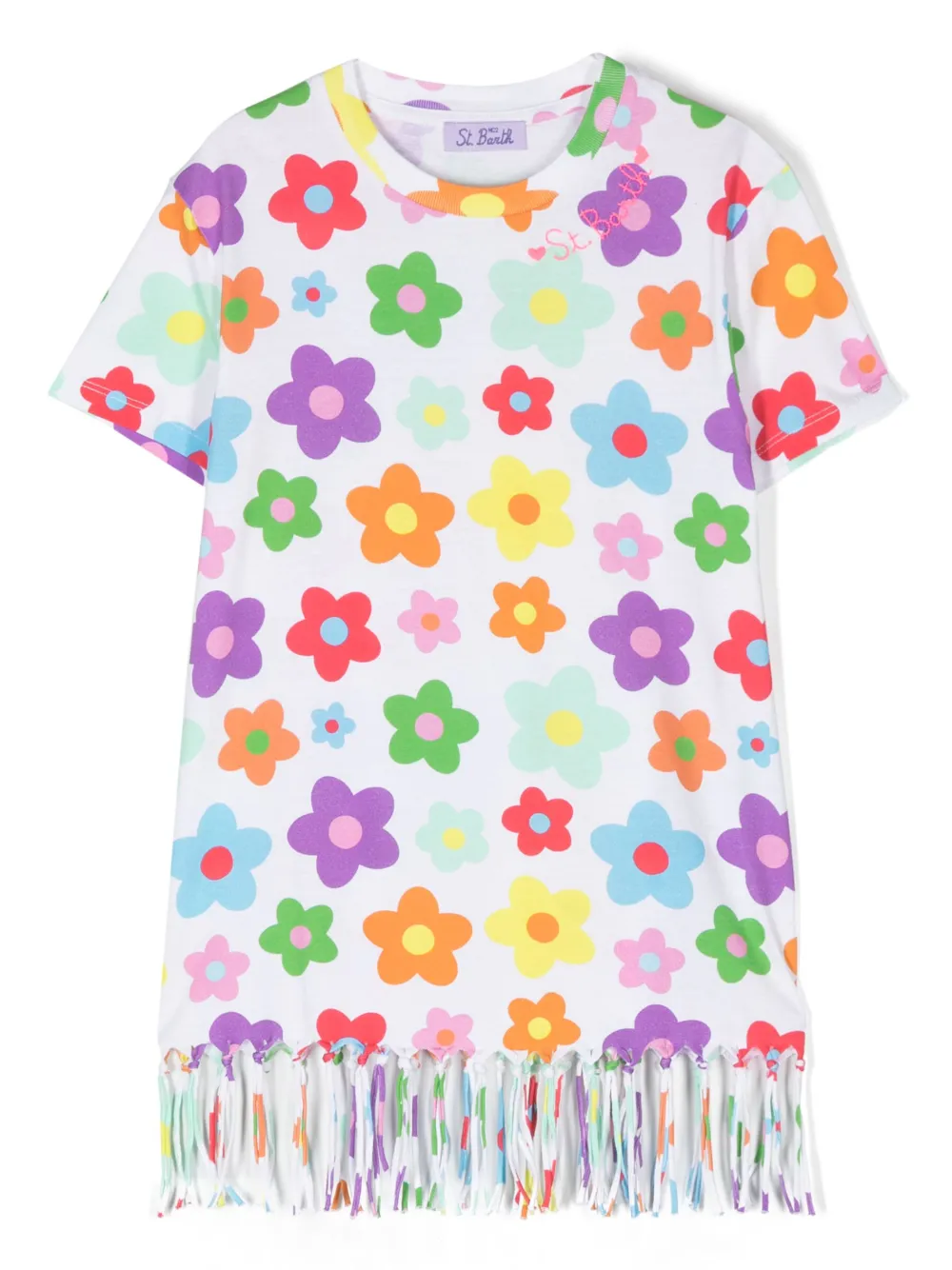Mc2 Saint Barth Kids' Floral Appliqué Fringe Dress In White