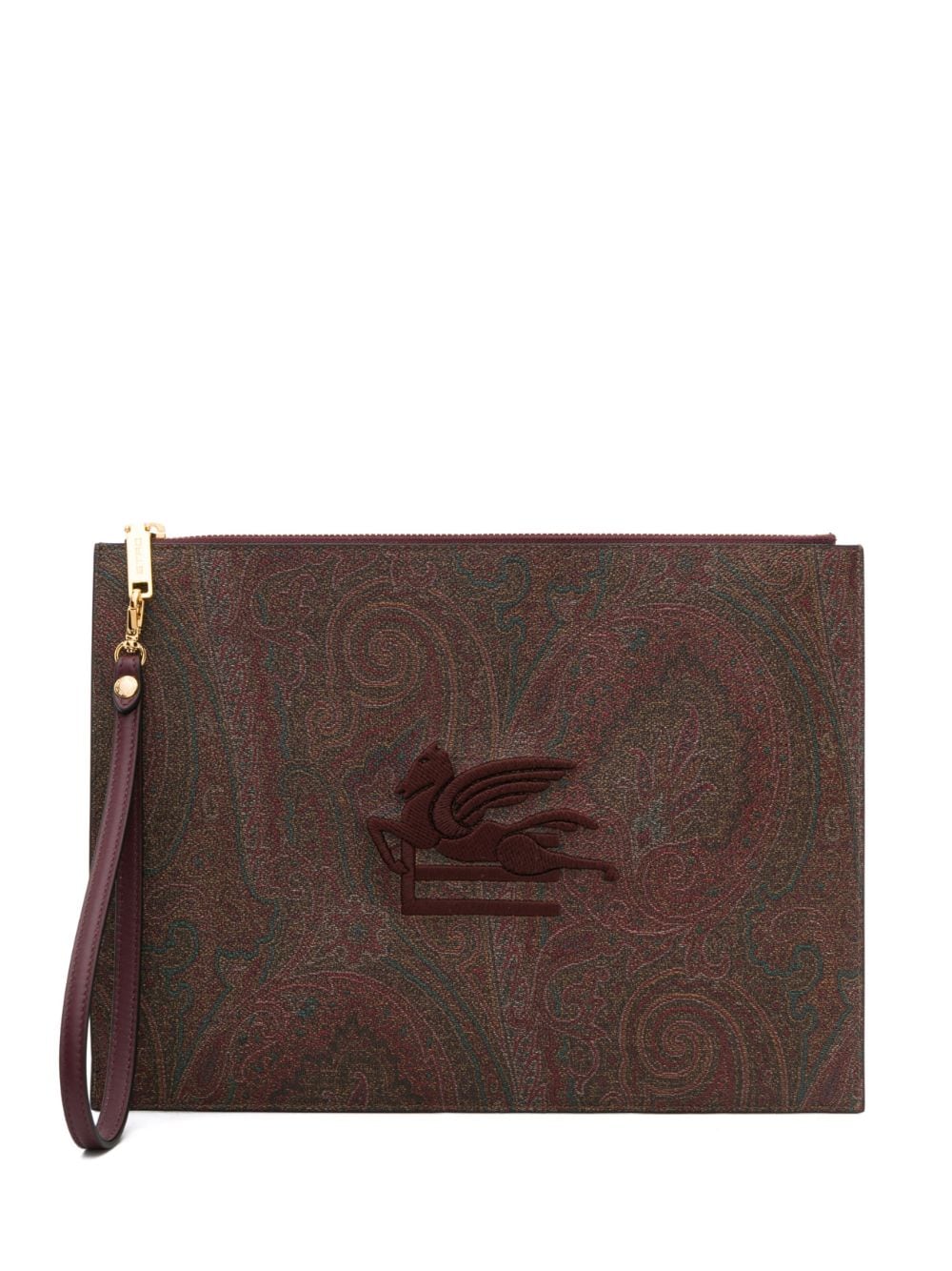 Etro Embroidered-logo Paisley-print Pouch In Brown