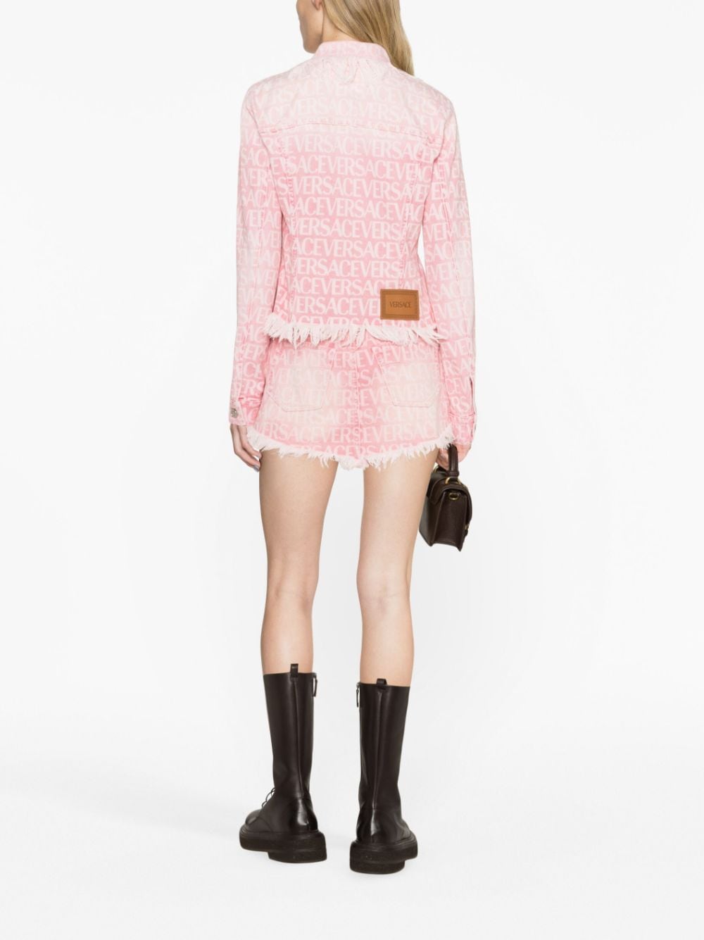 Shop Versace Monogram-jacquard Cotton Denim Jacket In Pink