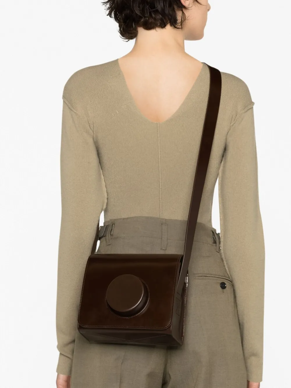 Shop Lemaire Camera Leather Crossbody Bag In Brown