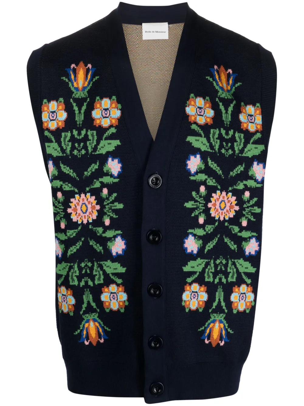 Drôle De Monsieur floral-intarsia knit sleeveless cardigan - Blue