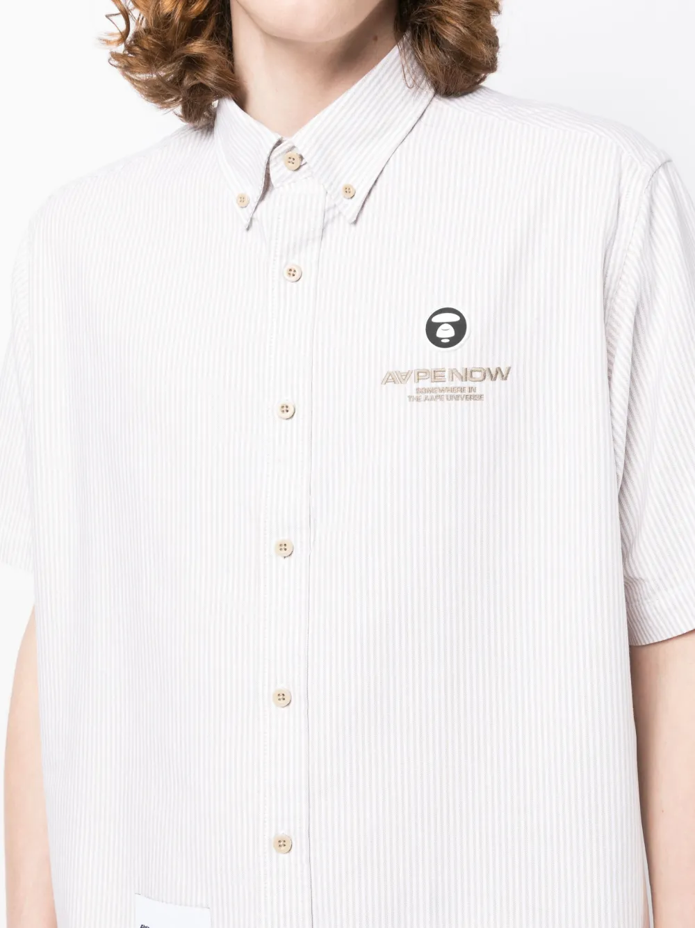 Shop Aape By A Bathing Ape Striped Logo-patch Cotton Shirt In Neutrals