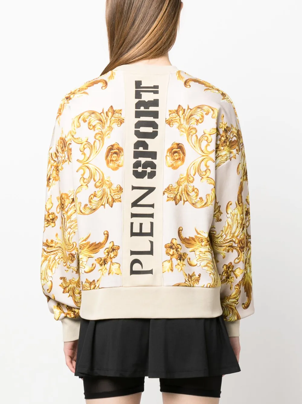 Plein Sport Baroque-print Long-sleeved Cropped Sweatshirt In Neutrals