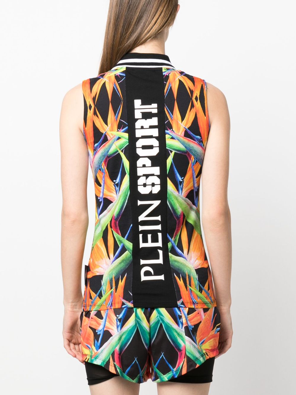 Shop Plein Sport Floral-print Sleeveless Cotton Polo Shirt In Black