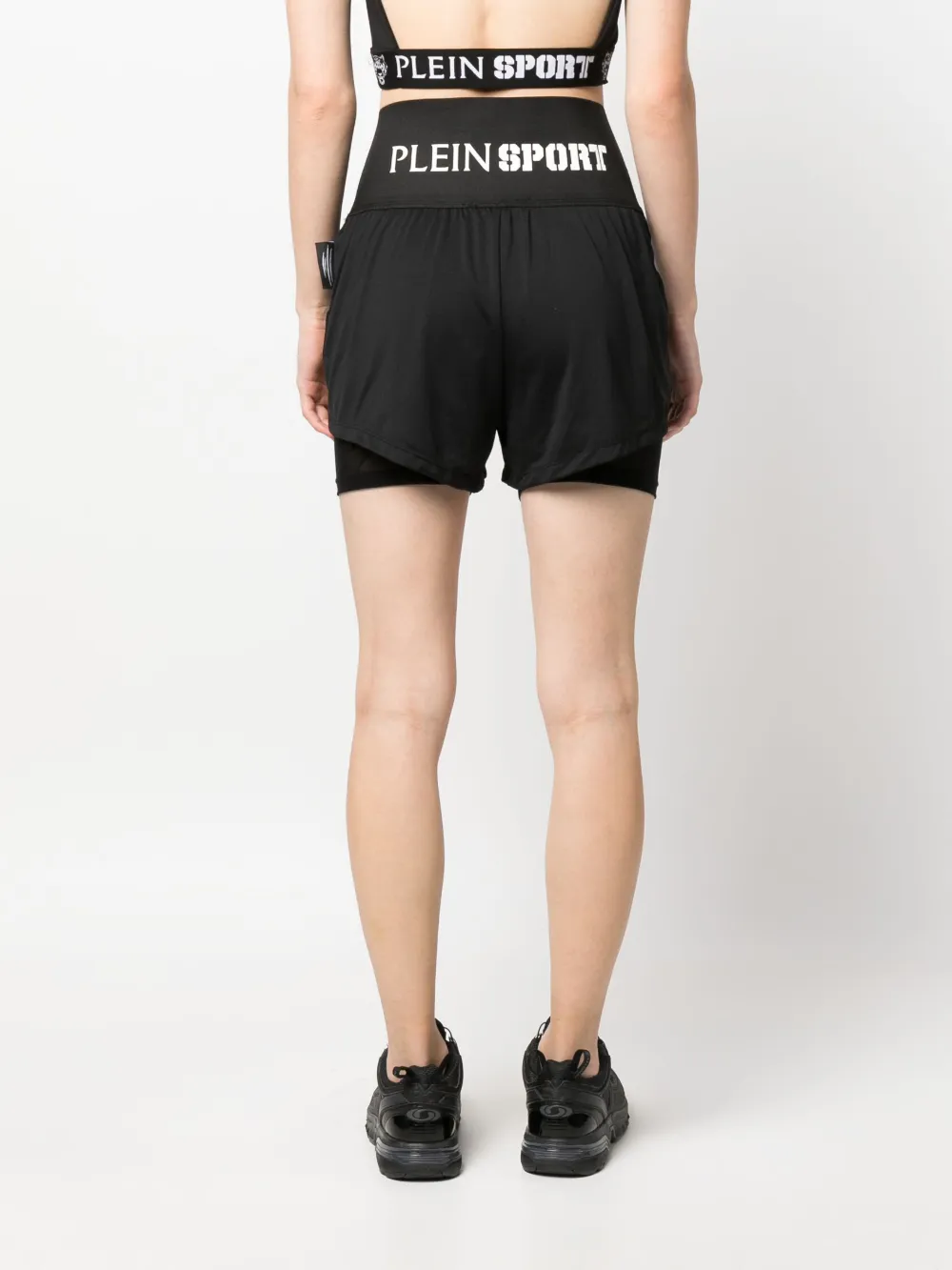 Plein Sport Logo-print Double-layered Cotton Shorts In Black