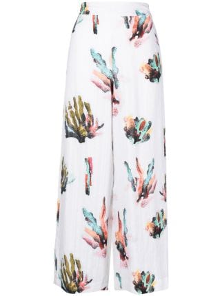 Bimba y Lola Ivory Coral Print linen-blend Trousers - Farfetch