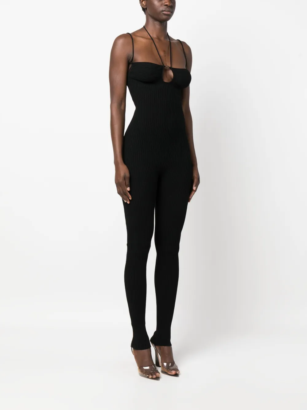 Blumarine Strappy Ribbed-knit Jumpsuit In Black